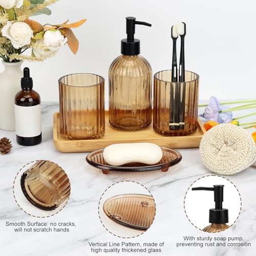 Glass Bathroom Accessories Set, 4Pcs Bathroom Accessories Sets Complete Lotion Soap Dispenser, Toothbrush Holder, Mouthwash Cup, Soap Dish for Bath Decor, Countertop Vanity Organizer (Amber)