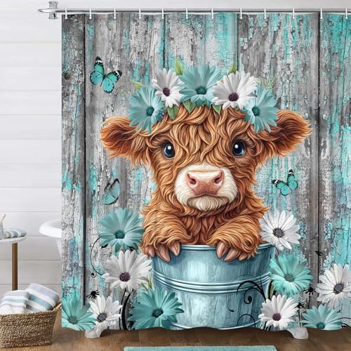 Funny Highland Cow Shower Curtain for Bathroom Decor, Teal Farm Teal Daisy Floral Flowers and Butterfly on Country Wooden Farmhouse Bath Curtain Country Animal Flower Waterproof 12 Hooks 60x72in