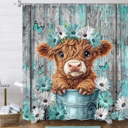 Funny Highland Cow Shower Curtain for Bathroom Decor, Teal Farm Teal Daisy Floral Flowers and Butterfly on Country Wooden Farmhouse Bath Curtain Country Animal Flower Waterproof 12 Hooks 70X75in