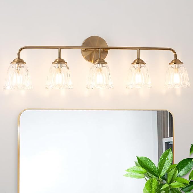 5-Light Vintage Vanity Light, Brushed Brass Vanity Lighting, Elegant Bathroom Lighting Fixtures Over Mirror, Bathroom Vanity Light with Clear Glass Shade, Gold Wall Sconce for Bedroom