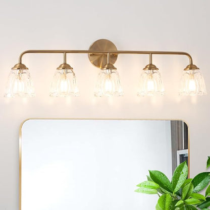 5-Light Vintage Vanity Light, Brushed Brass Vanity Lighting, Elegant Bathroom Lighting Fixtures Over Mirror, Bathroom Vanity Light with Clear Glass Shade, Gold Wall Sconce for Bedroom