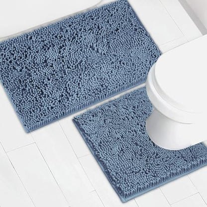 Bathroom Rugs Chenille Bath mat 2 Piece Set, Super Absorbent, Strong PVC Non Slip Backing, Bath mats for Bathroom, Plush Shaggy, Thick, Machine Washable, Bathtub, Toilet .(Medium Blue)