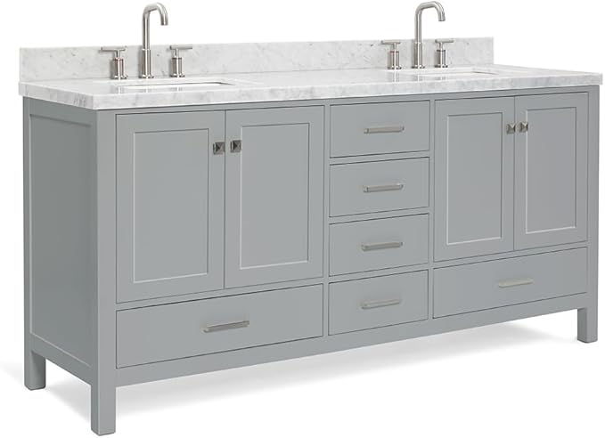 ARIEL Cambridge 72-inch Bathroom Vanity with Sink,Solid Wood, 1.5-inch Italian Carrara Marble Countertop, Double Rectangular Porcelain Sink, 4 Soft Closing Doors, 6 Dovetail Drawers, Grey
