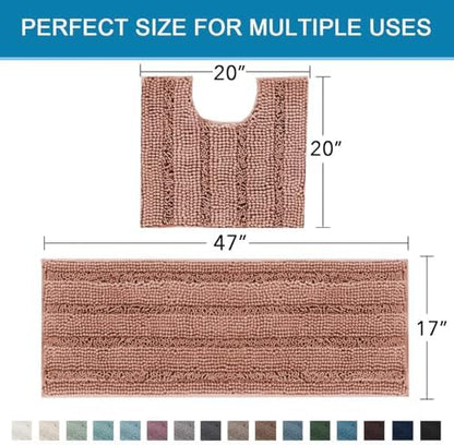 H.VERSAILTEX Bathroom Rugs Bath Rug Set 2 Piece Bathroom Contour Rug Toilet Mat Non Slip Contour Bath Rug Ultra Thick Water Absorbent Striped Bath Mats Washable(47" x 17" Plus 20" x 20" U, Muted Clay)