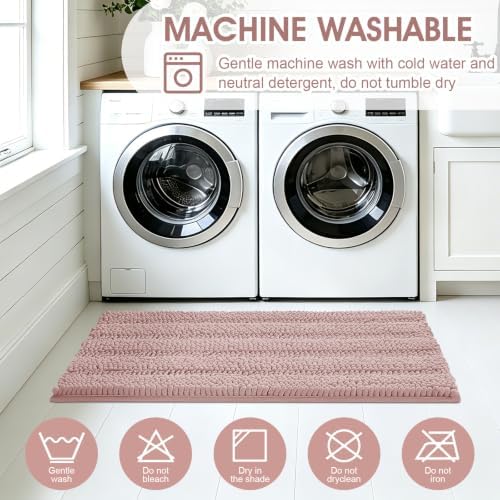 ACCUMTEK Striped Dusty Pink Bathroom Rug Mat Set 2 piece 24"x17"+48"x20" Ultra Soft, Non Slip Chenille Bath Rugs, Absorbent Plush Shaggy Bath Mats for Bathroom, Bedroom, Kitchen, Shower, Tub