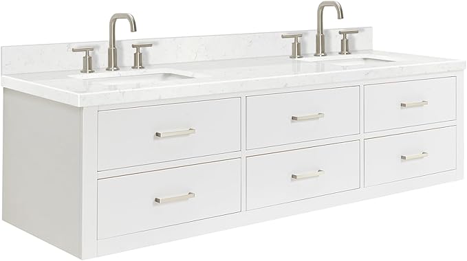 ARIEL Hutton 72-inch Bathroom Vanity with Sink,Solid Wood, 1.5-inch Carrara White Quartz Countertop & Backsplash, Double Rectangular Porcelain Sink, 3 Dovetail Drawers, White
