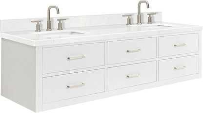ARIEL Hutton 72-inch Bathroom Vanity with Sink,Solid Wood, 1.5-inch Carrara White Quartz Countertop & Backsplash, Double Rectangular Porcelain Sink, 3 Dovetail Drawers, White
