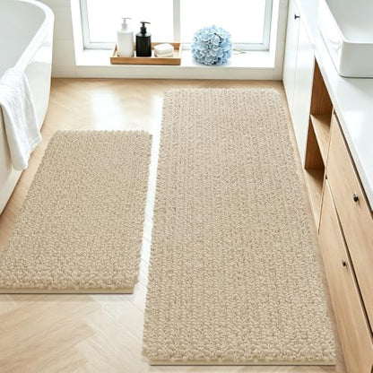ACCUMTEK Upgrade Luxury 2 Piece Beige Toilet Bathroom Rug Mat 48"x20"+24"x17", Ultra Soft Thick Absorbent Bath Mats, Non Slip Chenille Toilet Mat for Bathroom, Bedroom, Kitchen, Shower, Tub