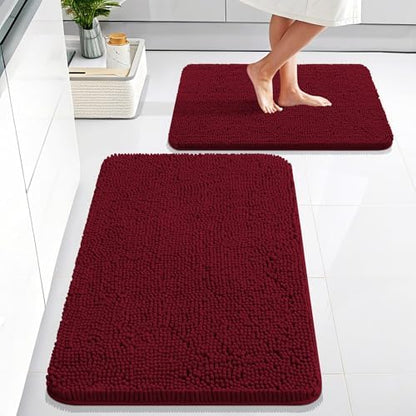 OLANLY Chenille Bathroom Rugs Mats Sets 2 Piece, 30"x20"+24"x16", Burgundy