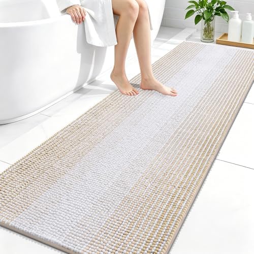OLANLY Bathroom Runner Rugs 70x24, Soft Chenille Striped Bath Rugs, Beige