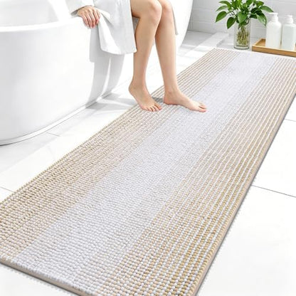 OLANLY Bathroom Runner Rugs 70x24, Soft Chenille Striped Bath Rugs, Beige