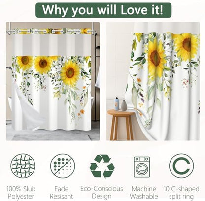 No Hook Sunflower Shower Curtain with Snap in Liner 71x74 Inch