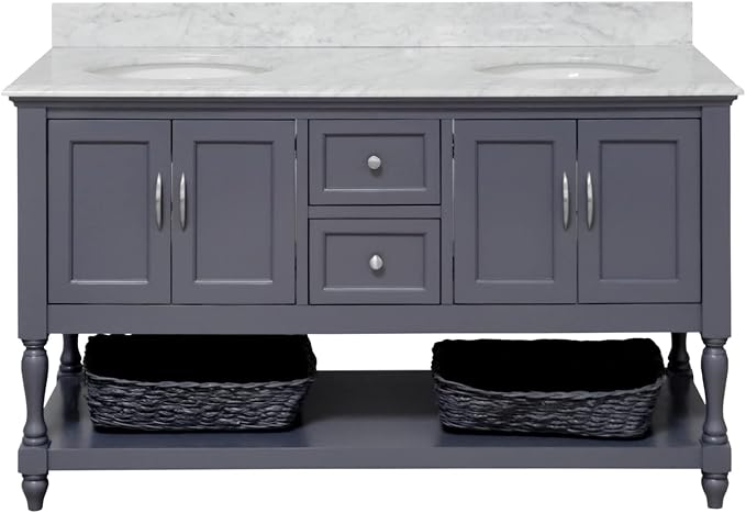 Beverly 60-inch Double Bathroom Vanity (Marine Gray/Carrara): Includes Marine Gray Cabinet with Authentic Italian Carrara Marble Countertop and White Ceramic Sinks