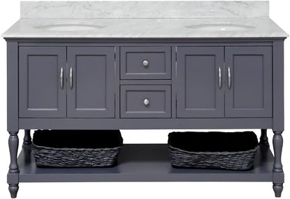 Beverly 60-inch Double Bathroom Vanity (Marine Gray/Carrara): Includes Marine Gray Cabinet with Authentic Italian Carrara Marble Countertop and White Ceramic Sinks