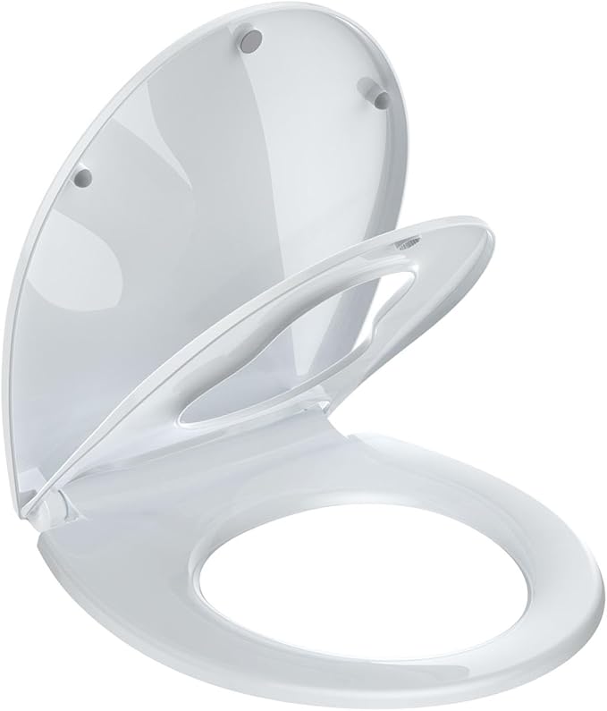17" Round Potty Training Toilet Seat with Built-In Toddler Seat, Slow Close and Quick Release, Plastic Non-Slip Bumpers, Never Loosens, Easy to Install and Clean