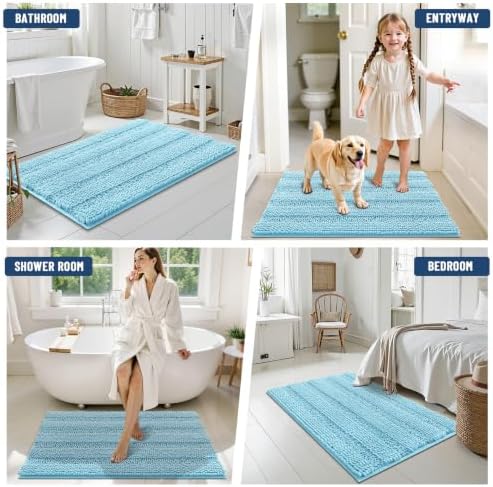 Grandaily Chenille Striped Bathroom Rugs 24x16, Extra Thick and Soft Absorbent Bath Mats, Rubber Backing, Plush Shaggy Shower Carpet, Machine Wash Dry, Bath Rug for Bathroom, Sky Blue
