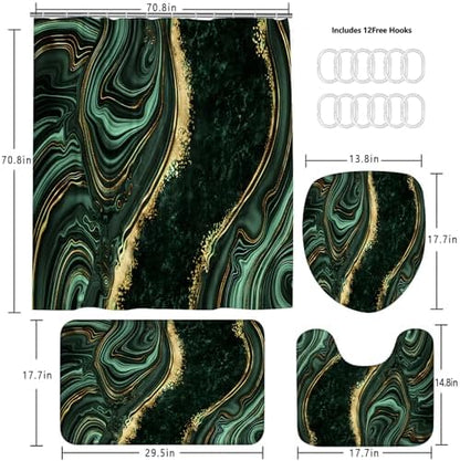 Nkzply 4 Pcs Green Marble Shower Curtain Sets with Rugs Gold Bathroom Set