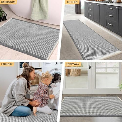 IM HOME Waffle Bath Mat Set 2 Piece Darkgrey & Cream,Woven Modern Bath Rug Mats, Absorbent Non Slip Bath Floor Mat, Soft Washable Boho Bath Rugs with Tassels for Bathroom, Bedroom,Tub