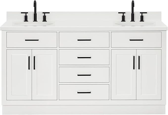 ARIEL Hepburn 66-inch Bathroom Vanity with Sink,Solid Wood, 1.5-inch Pure White Quartz Countertop & Backsplash, Double Oval Porcelain Sink, 4 Soft Closing Doors, 6 Dovetail Drawers, White