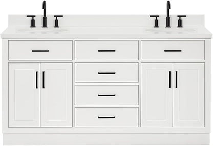 ARIEL Hepburn 66-inch Bathroom Vanity with Sink,Solid Wood, 1.5-inch Pure White Quartz Countertop & Backsplash, Double Oval Porcelain Sink, 4 Soft Closing Doors, 6 Dovetail Drawers, White