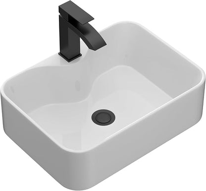 Lordear Bathroom Vessel Sink 19"x15" Rectangle Sink Above Counter White Porcelain Ceramic Modern Vanity Sinks Art Basin with Faucet Hole Black Faucet and Black Pop-Up Drain for Bathroom
