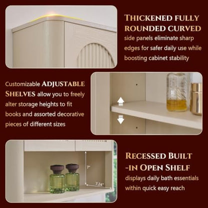 Bathroom Fluted Arched Wall Cabinet, 23.6''W Wood Medicine Cabinet, Cream