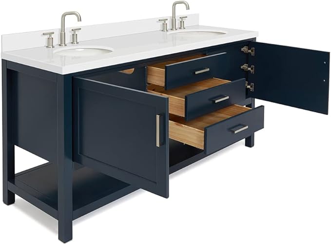 ARIEL Bayhill 72-inch Bathroom Vanity with Sink,Solid Wood, 1.5-inch Pure White Quartz Countertop & Backsplash, Double Oval Porcelain Sink, 2 Soft Closing Doors, 3 Dovetail Drawers, Midnight Blue