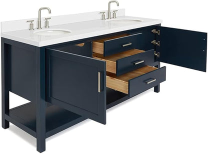 ARIEL Bayhill 72-inch Bathroom Vanity with Sink,Solid Wood, 1.5-inch Pure White Quartz Countertop & Backsplash, Double Oval Porcelain Sink, 2 Soft Closing Doors, 3 Dovetail Drawers, Midnight Blue