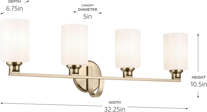 Kichler Gioe 32.25" 4-Light Vanity Light with Opal Glass in Champagne Bronze, Damp Rated, for Bathroom, Powder Room, Over a Mirror, (32.25" W x 10.5" H), 55227CPZ