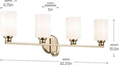Kichler Gioe 32.25" 4-Light Vanity Light with Opal Glass in Champagne Bronze, Damp Rated, for Bathroom, Powder Room, Over a Mirror, (32.25" W x 10.5" H), 55227CPZ