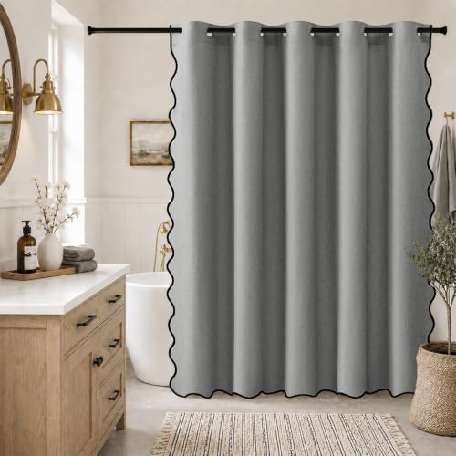 Furlinic Grey Scalloped Shower Curtain No Hook 84 Inch Long Fabric Modern