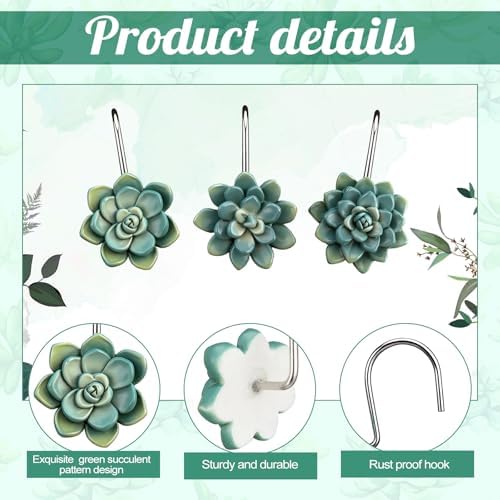 Amyhill 12 Pcs Succulents Plants Decorative Cute Shower Curtain Hooks Mini Succulents Green Shower Curtain Rings Bulk Hanger Stainless Steel Resin Plant Theme Hooks for Bathroom Bedroom Home Decor