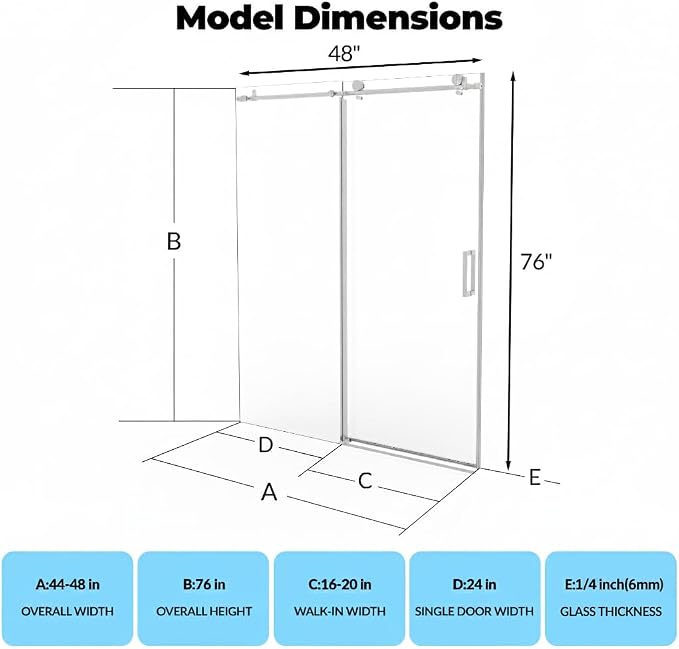 GarveeLife 44-48 Inch W× 76 Inch H Frameless Sliding Shower Door – Brushed Stainless Steel Round Rail, Fixed Panel and Sliding Glass Shower Door with 6mm Tempered Glass, Easy Clean Coating