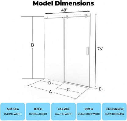 GarveeLife 44-48 Inch W× 76 Inch H Frameless Sliding Shower Door – Brushed Stainless Steel Round Rail, Fixed Panel and Sliding Glass Shower Door with 6mm Tempered Glass, Easy Clean Coating