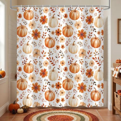 Fall Pumpkin Shower Curtain, Floral Autumn Bathroom Decor, 72 x 72