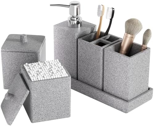 Gray Bathroom Accessories Set Resin 6PCS, Square Toothbrush Holders Set Complete with Soap Dispenser, Vanity Tray, Tumbler, Cups and Cotton Swab Jars for Counter, Sink or Small Spaces