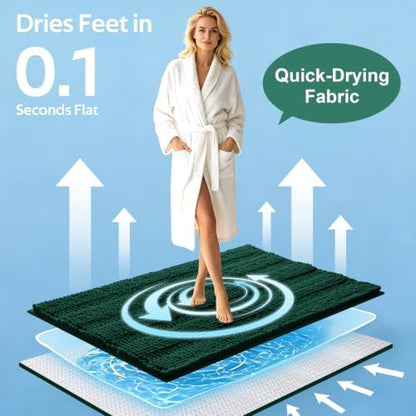Christmas Striped Deep Green Bathroom Rug Mat Set 2 piece 32"x20"+24"x17" Ultra Soft, Non Slip Chenille Bath Rugs, Absorbent Plush Shaggy Bath Mats for Bathroom, Bedroom, Kitchen, Shower, Tub