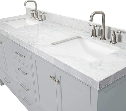 ARIEL Cambridge 72-inch Bathroom Vanity with Sink,Solid Wood, 2-inch Italian Carrara Marble Countertop, Double Rectangular Porcelain Sink, 4 Soft Closing Doors, 6 Dovetail Drawers, Grey