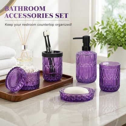 Bathroom Accessories Set, 5Pcs Bathroom Soap Dispenser Set, Glass Bathroom Accessories with Glass Soap Dispenser, Soap Dish, Toothbrush Holder, Tumbler, Cotton Swab Jar (Purple)