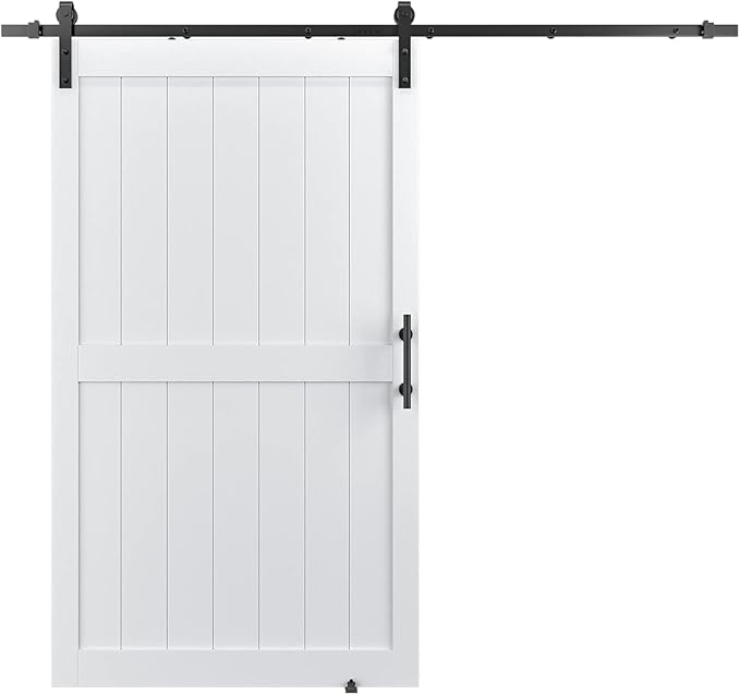 48in x 84in MDF Sliding Barn Door with 8ft Barn Door Hardware Kit & Handle | White Solid Barn Door Slab Covered with Water-Proof PVC Surface, Pre-Drilled Holes Easy Assembly, H-Frame