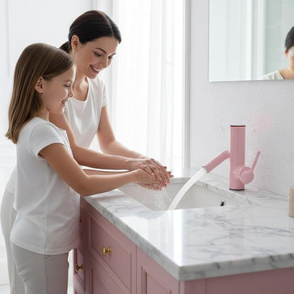 Bathroom Sink Faucet, Cactus-Shaped, Single Hole with Water-Powered 3Colors LED Temperature Display and Adjustable Outlet, 2 Water Flow Modes with Supply Hoses, No Battery, Pink