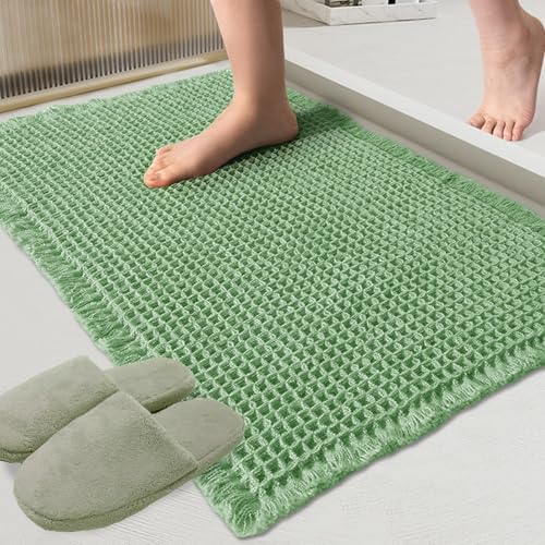 ZALL Sage Green Waffle Bath Mat,Super Absorbent Non Slip Bathroom Rug, 17x24inch, Machine Washable Ultra Soft Floor Mats