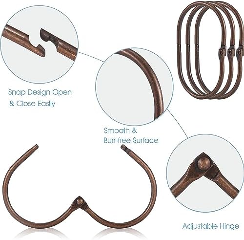 Goowin 24 Pcs Shower Curtain Rings, Shower Curtain Hooks, Oval Snap Shower Rings for Curtain, Metal Shower Curtain Rings Rust Proof, Glide Smoothly Shower Hooks for Shower Curtain Rod (Bronze)