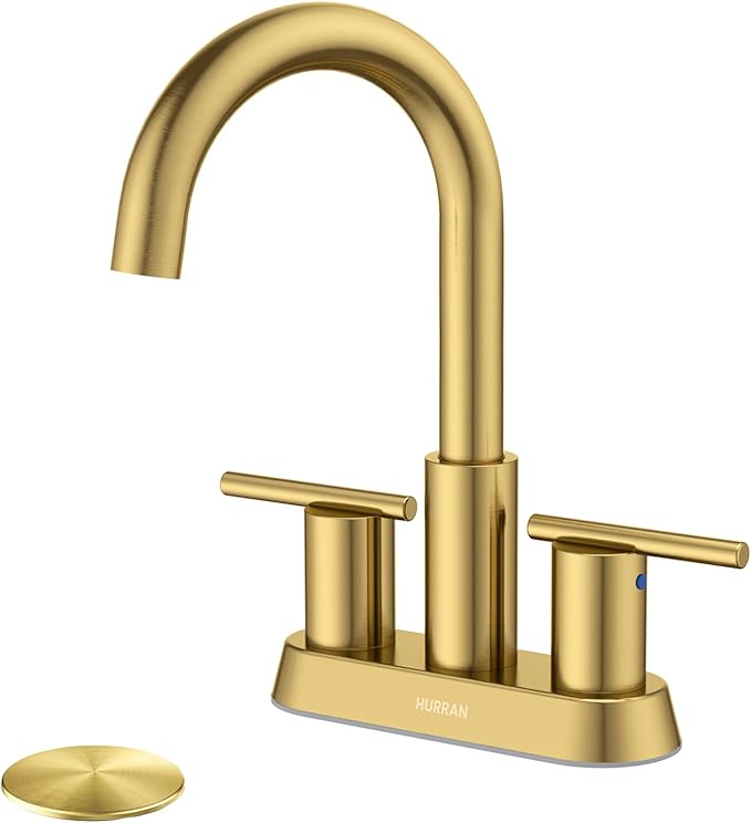 Hurran 4 Inch Bathroom Faucet for Sink 3 Hole, Gold Bathroom Faucet with Pop-up Drain and 2 Supply Hoses,Stainless Steel Lead-Free 2-Handle Centerset Faucet for Sink Vanity RV
