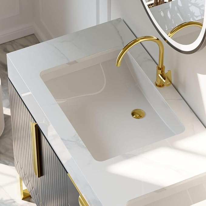 KunMai 59" Black Freestanding Bathroom Vanity with Faux Marble Top, Double Ceramic Vessel Sinks, Floor-Standing Design, 3 Drawers for Storage, Modern Bathroom Cabinet with Gold Hardware Finish