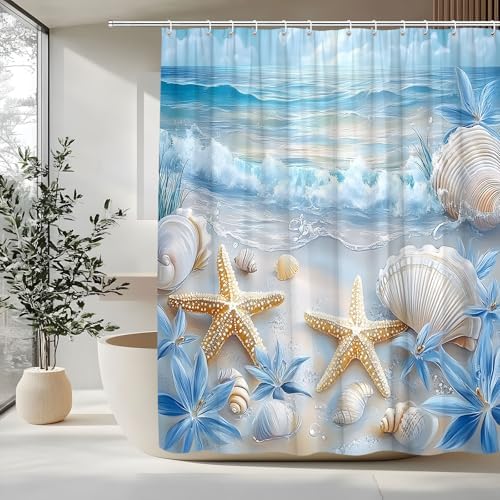 Beach Starfish Shower Curtain Sea Waves Seacoast Scenery with Sand with Various Seashells Scallop Conch Tropics Seaside Summer Coastal Ocean Theme Decorative Curtain Polyester Fabric