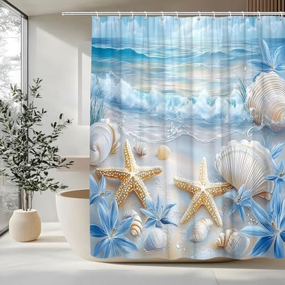 Beach Starfish Shower Curtain Sea Waves Seacoast Scenery with Sand with Various Seashells Scallop Conch Tropics Seaside Summer Coastal Ocean Theme Decorative Curtain Polyester Fabric