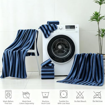 18 Pcs Navy Black Cabana Stripe Bath Towel Set with Hanging Loop-6 Bath Towels,6 Hand Towels,6 Washcloths Soft Microfiber Family Towels Highly Absorbent Shower Towel for Bathroom Beach Spa Gym
