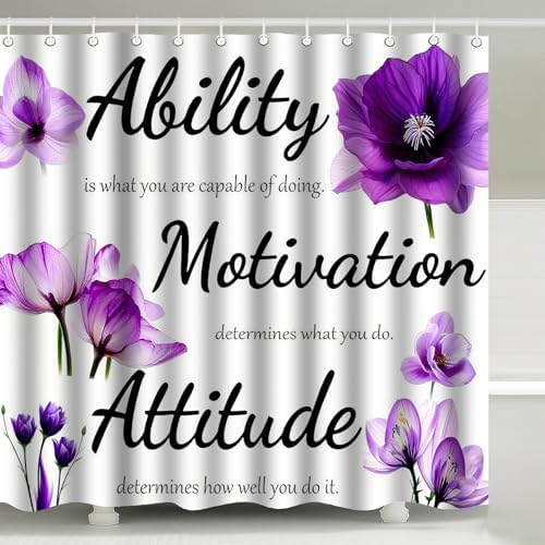 Purple Floral Inspirational Quote Shower Curtain with Hooks 72 x 72 Inches