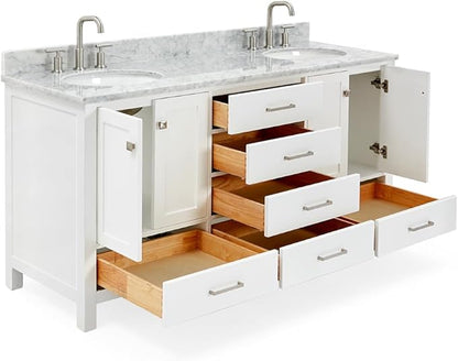 ARIEL Cambridge 66-inch Bathroom Vanity with Sink,Solid Wood, 0.75-inch Italian Carrara Marble Countertop & Backsplash, Double Oval Porcelain Sink, 4 Soft Closing Doors, 6 Dovetail Drawers, White